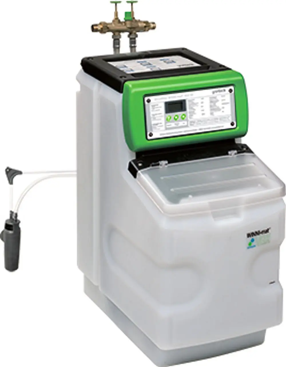 Weißer Nitratfilter mit digitalem Display und Steuerungselementen, ausgestattet mit Anschlüssen für Wasserzufuhr und -abfluss, Marke Grünbeck.